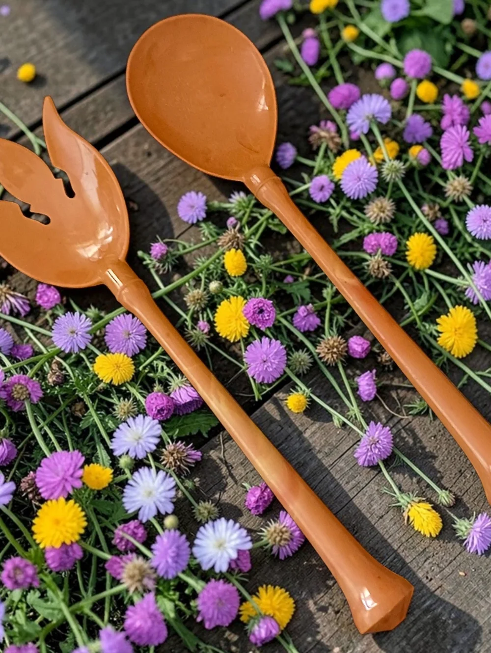 Vintage Melamine Salad Servers Fork Spoon Butterscotch Swirl Harvest‎ Gold MCM